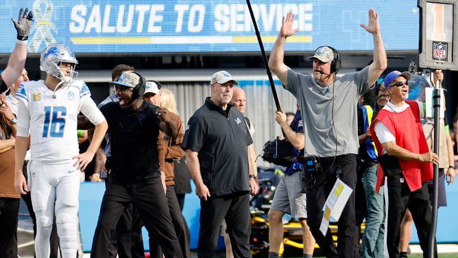 Detroit Lions head coach Dan Campbell celebrates during his team's win over the Los Angeles Chargers.