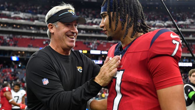 Jacksonville oach Doug Pederson greets C.J. Stroud after Sunday's game between the Jaguars and Texans.