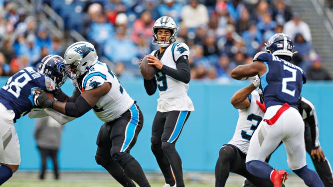 Carolina Panthers QB Bryce Young drops back to pass against the Tennessee Titans at Nissan Stadium in Nashville.