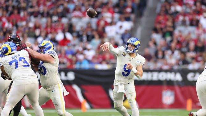 Los Angeles Rams QB Matthew Stafford throws a pass vs. the Cardinals at State Farm Stadium in Glendale, Arizona.