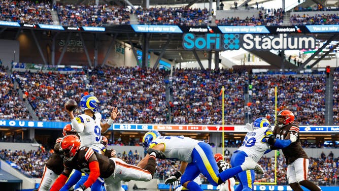 Los Angeles Rams QB Matthew Stafford drops back against the Cleveland Browns at SoFi Stadium in Inglewood, California.