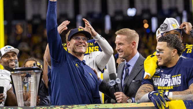 Michigan Wolverines coach Jim Harbaugh after clinching a 2024 CFP berth with a win in the Big Ten Championship at Lucas Oil Stadium in Indianapolis, Indiana.