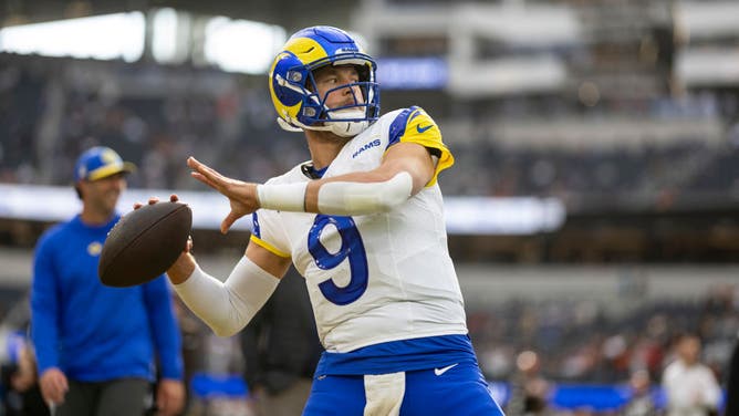 Los Angeles Rams QB Matthew Stafford warming up before an NFL football game vs. the Cleveland Browns at SoFi Stadium in Inglewood, California.