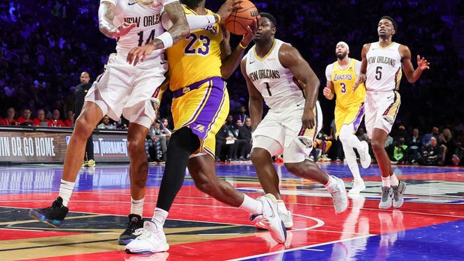 Los Angeles Lakers SF LeBron James attacks the basket vs. the New Orleans Pelicans in the inaugural NBA In-Season Tournament at T-Mobile Arena in Las Vegas.