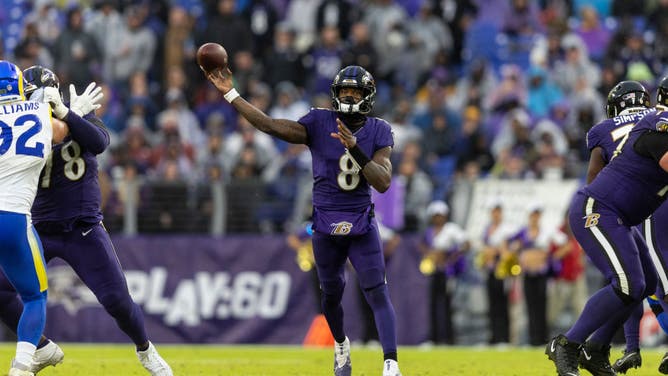 Ravens QB Lamar Jackson throws a pass against the Los Angeles Rams at M&T Bank Stadium in Baltimore, Maryland.