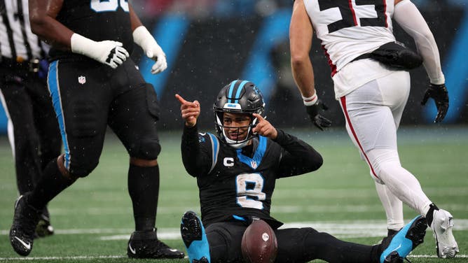 Carolina Panthers QB Bryce Young reacts after a 1st down run vs. the Atlanta Falcons at Bank of America Stadium in Charlotte, North Carolina.