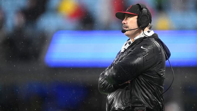 Head coach Arthur Smith of the Atlanta Falcons reacts during the game against the Carolina Panthers at Bank of America Stadium.