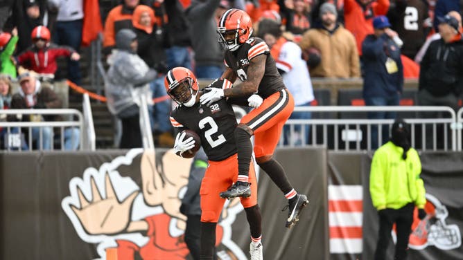 Browns WR Amari Cooper celebrates a TD against the Chicago Bears at Cleveland Browns Stadium in Ohio.
