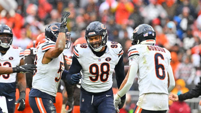 Chicago Bears pass rusher Montez Sweat celebrates after sacking Browns QB Joe Flacco in NFL Week 15 at Cleveland Browns Stadium in Ohio.