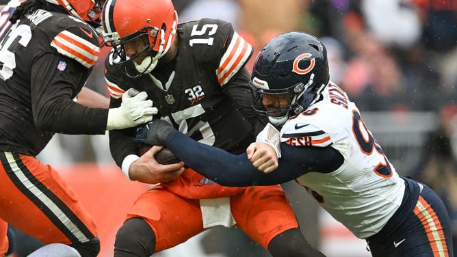 Chicago Bears DE Montez Sweat sacks Browns QB Joe Flacco at Cleveland Browns Stadium in Ohio.