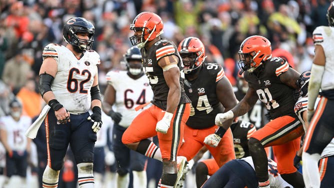 Cleveland Browns pass rusher Myles Garrett celebrates a tackle for loss against the Chicago Bears in an NFL Week 15 game.