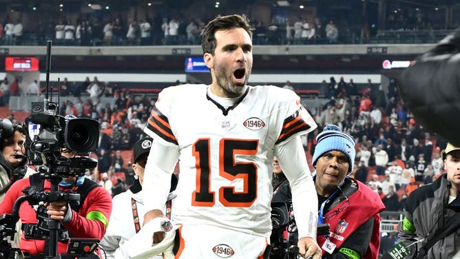 Joe Flacco celebrates after defeating the New York Jets at Cleveland Browns Stadium on December 28, 2023 in Cleveland, Ohio.