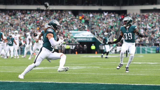 Sydney Brown of the Philadelphia Eagles intercepts a pass during the second quarter against the Arizona Cardinals in Week 17 of the NFL season.