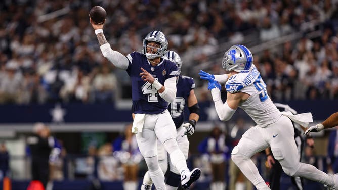Dallas Cowboys QB Dak Prescott throws the ball on the run vs. the Detroit Lions at AT&T Stadium in Arlington, Texas.