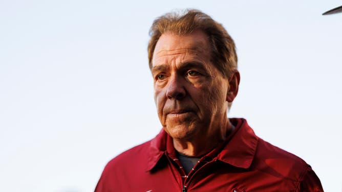 Head coach Nick Saban of the Alabama Crimson Tide runs off the field at halftime during the CFP Semifinal Rose Bowl Game against the Michigan Wolverines.