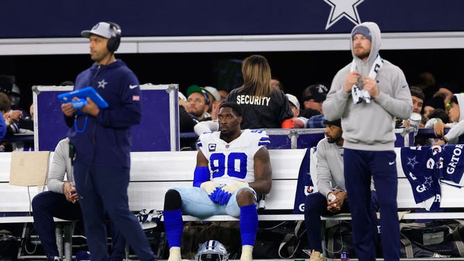 DeMarcus Lawrence of the Dallas Cowboys looks sad during the third quarter of the NFC Wild Card Playoff game against the Green Bay Packers at AT&T Stadium on January 14, 2024 in Arlington, Texas.