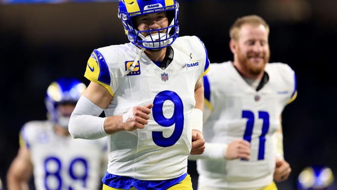 Matthew Stafford of the Los Angeles Rams runs onto the field prior to the playoff game against the Detroit Lions in the NFC Wild Card Round at Ford Field on January 14, 2024 in Detroit, Michigan.