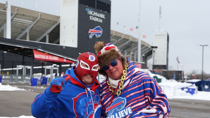 Buffalo Bills fans pose outside Highmark Stadium prior to the AFC Divisional Playoff game against the Kansas City Chiefs.