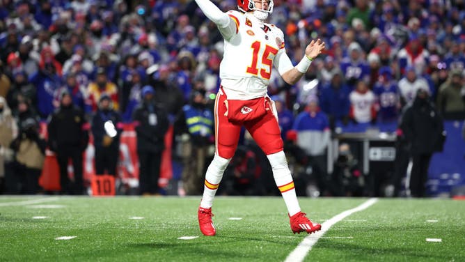 Kansas City Chiefs QB Patrick Mahomes throws a pass vs. the Bills during an NFL Divisional Playoff game at Highmark Stadium in Orchard Park, New York.