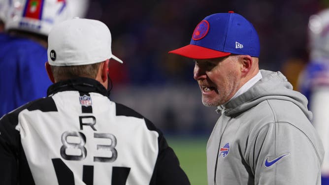 Head coach Sean McDermott of the Buffalo Bills argues a call against the Kansas City Chiefs during the NFL Divisional Playoff game at Highmark Stadium.