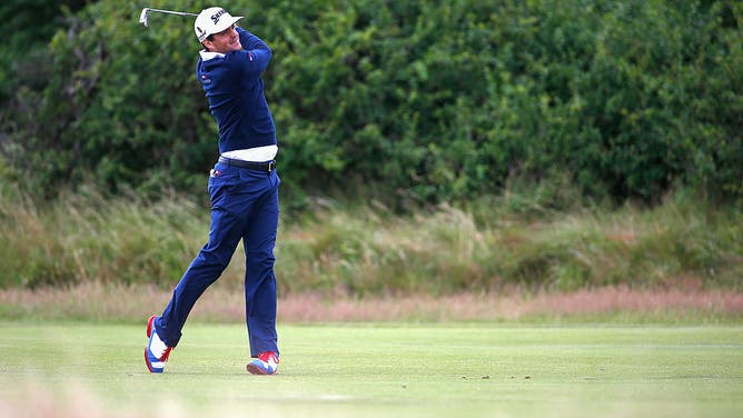 Bradley hits a shot during a practice round prior to the start of the 143rd Open Championship at Royal Liverpool Golf Club.