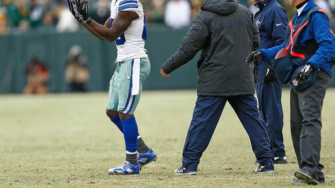 Dallas Cowboys wide receiver Dez Bryant protests an official's call in a playoff game against the Green Bay Packers.