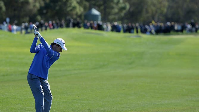 Emiliano Grillo plays his 2nd shot on the 5th hole during the 2nd round of the Farmers Insurance Open at Torrey Pines North in San Diego, California.