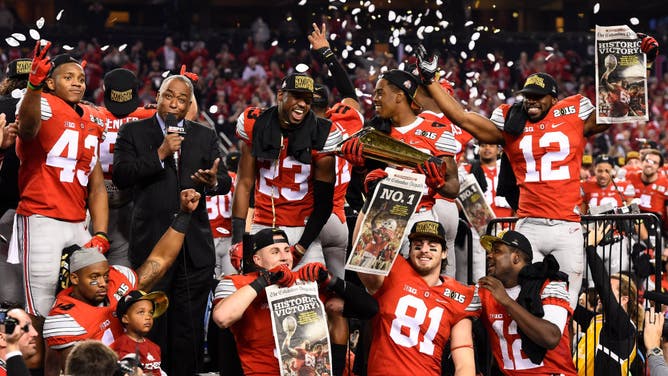 Ohio State celebrates after defeating Oregon in the College Football Playoff National Championship held at AT&T Stadium in Arlington, Texas.