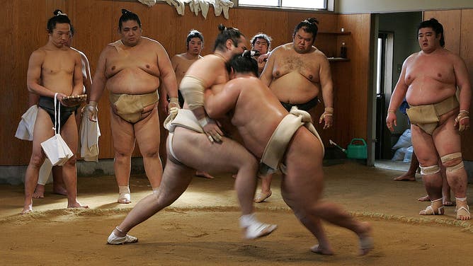 Sumo Wrestlers Practise Prior To The Next Tournament
