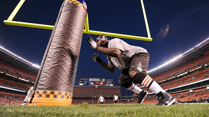Louis Leonard of the Cleveland Browns goes through pre-game drills before a game against the New York Giants at Cleveland Stadium on October 13, 2008.
