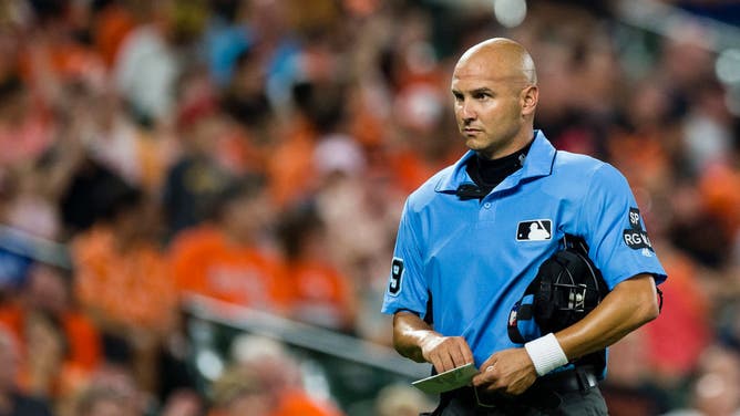 Home plate umpire Vic Carapazza during a game at Camden Yards in Baltimore, Maryland.