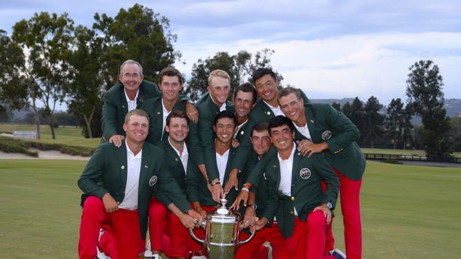 Team USA poses with the 2017 Walker Cup Trophy at the Los Angeles Country Club.
