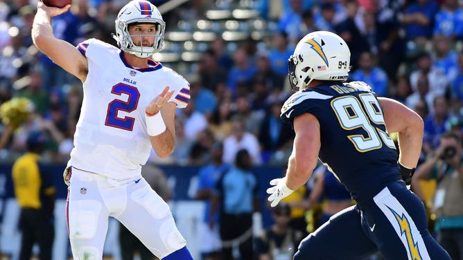 Nathan Peterman (probably) throws an interception against the Chargers.