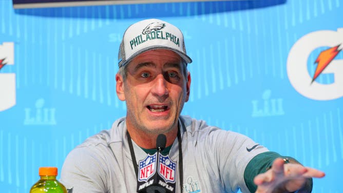 Former Philadelphia Eagles offensive coordinator Frank Reich answers questions during Super Bowl LII Opening Night on January 29, 2018.