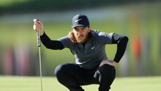 Tommy Fleetwood lines up a putt on the 17th hole during the 2nd round at the Arnold Palmer Invitational at Bay Hill Club and Lodge in Orlando, Florida.