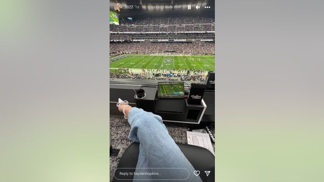 Hayden Hopkins updated her Instagram Story from the plush confines of Mark Davis' owner's suite inside Allegiant Stadium.