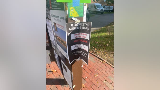 A sign on Harvard University campus calling for students to gather in support of Palestine.