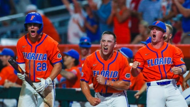 Florida Gator players celebrate after taking the lead against Texas Tech. 

Courtesy of Florida Athletics