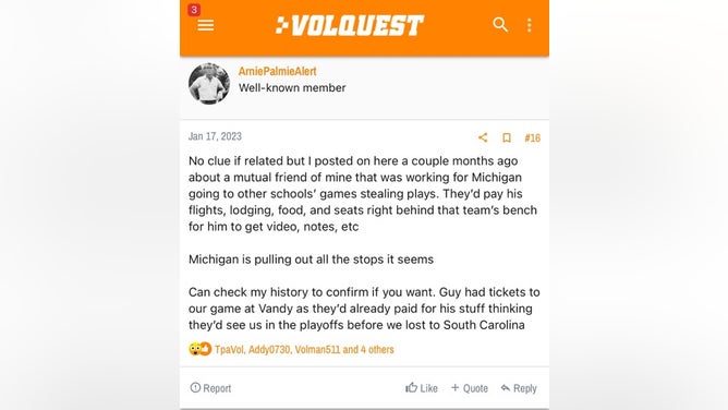Tennessee message board poster 'ArniePalmerAlert' posted this about Connor Stallions scheme last year. Courtesy of Volquest