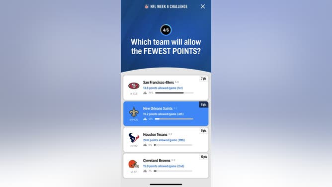 Question #4 in the FOX Super 6 NFL contest for Week 6 courtesy of the FOX Sports App.