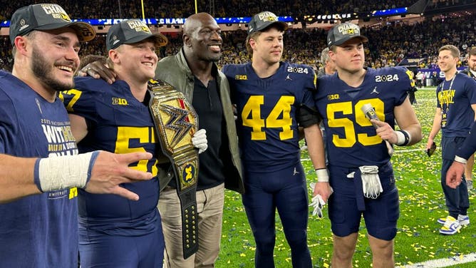 Michigan plauers celebrate the national championship win over Washington