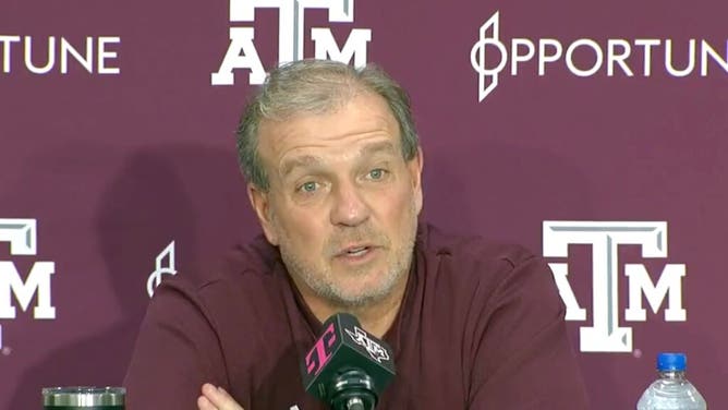 Aggies coach Jimbo Fisher reacts to Texas A&M being terrible. He doesn't think it's necessarily bad for recruiting. (Credit: Screenshot/Twitter Video https://twitter.com/MichaelWBratton/status/1585103352719106048)