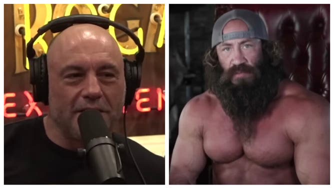 Podcaster Joe Rogan reacts to Liver King's apology video for using steroids. (Credit: Screenshot/YouTube https://youtu.be/y-4no6SVAQs and https://www.youtube.com/watch?v=q_Vd7i4ZpgA)