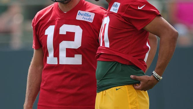 Packers QB Aaron Rodgers voices support for backup Jordan Love. (Photo by Stacy Revere/Getty Images)
