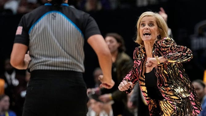 LSU head coach Kim Mulkey reacts during the NCAA Women's Final Four championship game against Iowa, Sunday, April 2, 2023, in Dallas.