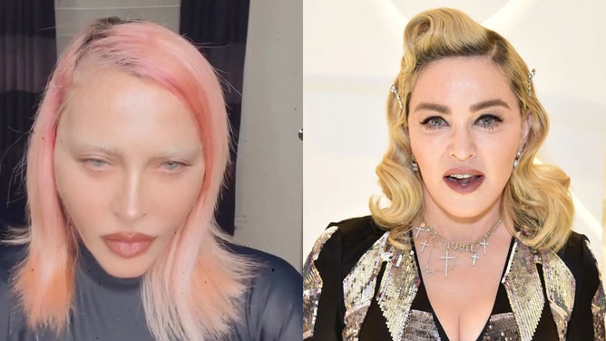 Madonna's current alien look (left); Madonna in 2018 aging gracefully at Barneys New York in Beverly Hills