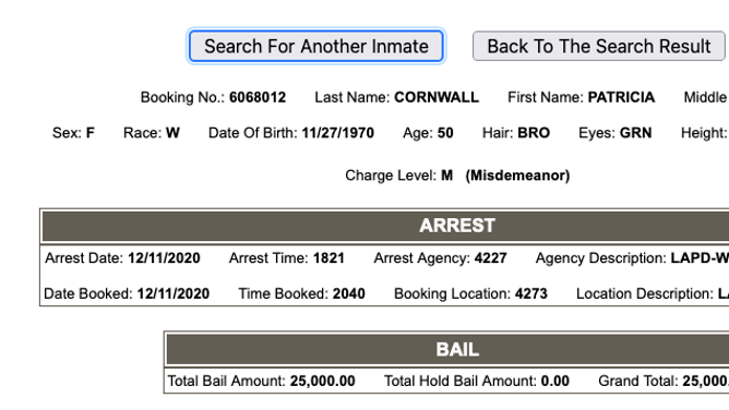 Patricia Cornwall arrested Los Angeles