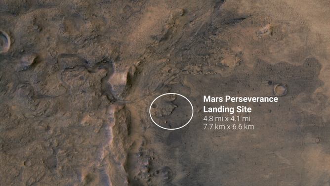 The white circle represents the location where NASA’s Perseverance rover landed on Mars on Feb. 18, 2021. Photo courtesy of ESA/DLR/FU-Berlin/NASA/JPL-Caltech.