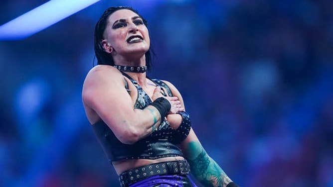 Rhea Ripley reacts after winning the WWE Royal Rumble at the Alamodome on Jan. 28, 2023 in San Antonio.