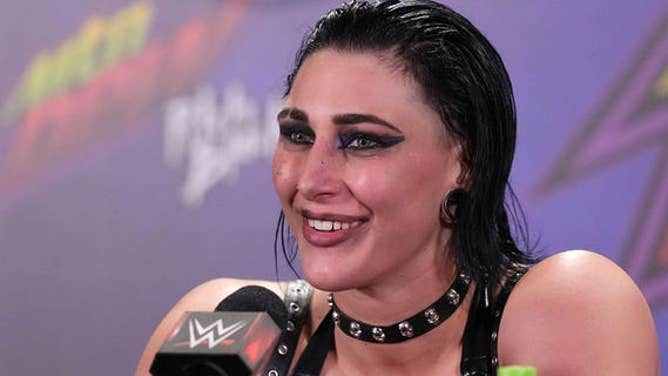 Rhea Ripley speaks to members of the media during a press conference after the WWE Royal Rumble at the Alamodome in San Antonio Jan. 28, 2023.